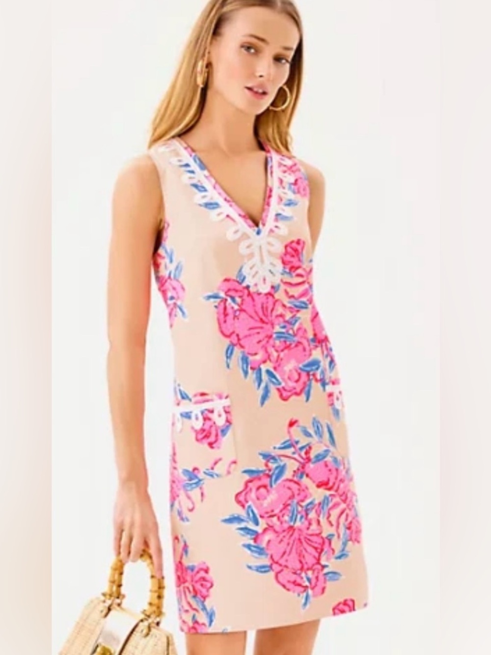 NWT Lilly Pulitzer Peach Shift Dress Pink Blue Floral Embroidery SO CRAWSOME 10